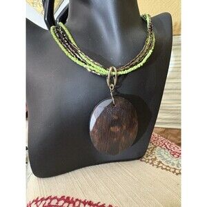 Vintage Green Black Seed Bead Wooden Pendant Necklace Lobster Claw Boho 16”